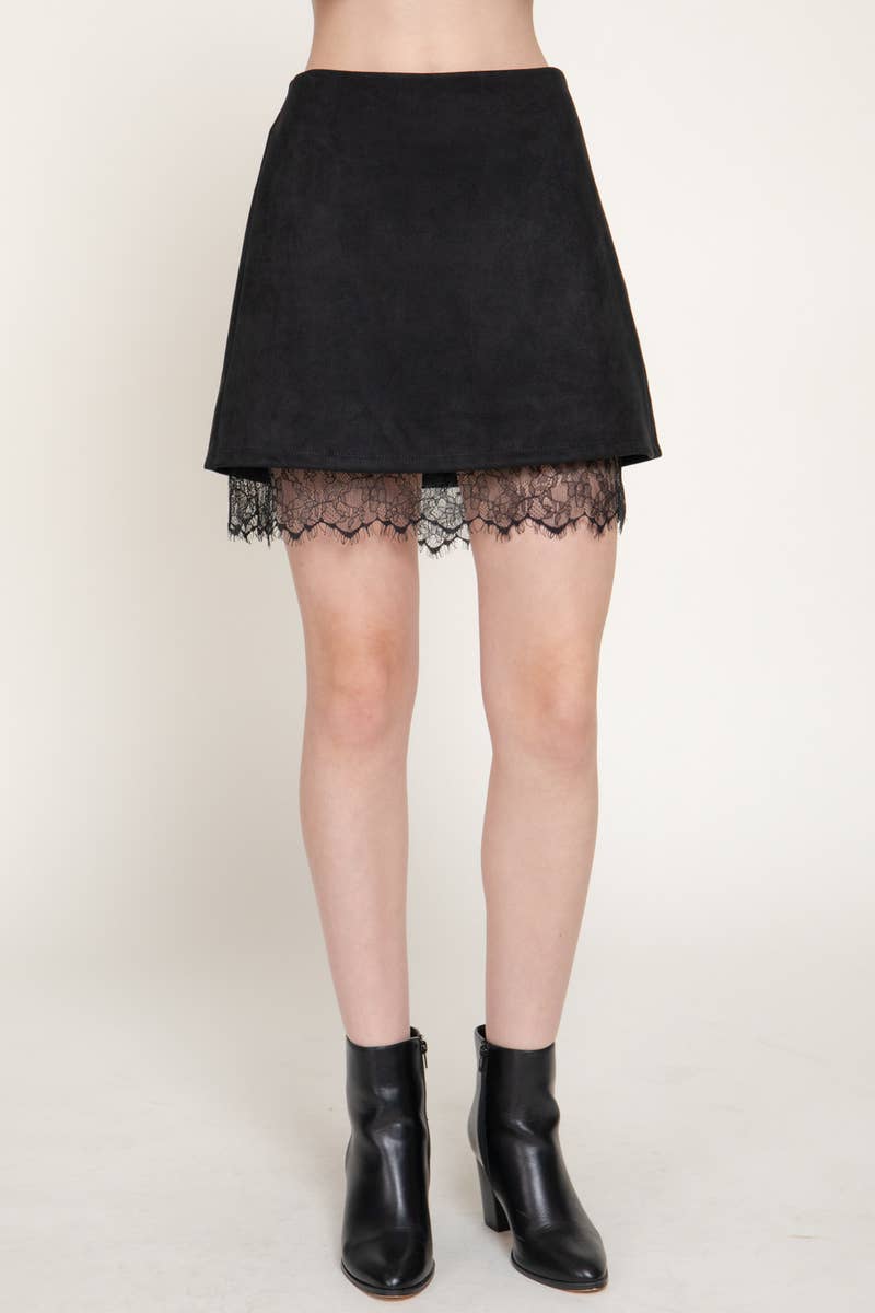 Faux Suede Lace Trim Mini Skirt