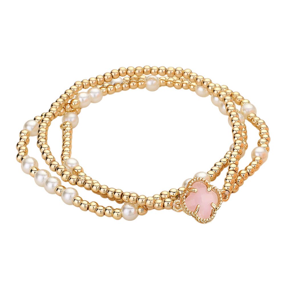 3PCS - Quatrefoil Pearl Metal Ball Beaded Stretch Bracelets
