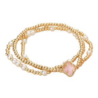 3PCS - Quatrefoil Pearl Metal Ball Beaded Stretch Bracelets