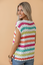 PRETTY BASH Stripe Eyelet Knit V-Neck Sweater Tee