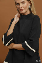 Contrast Trim Mock Neck 3/4 Sleeve Knit Top