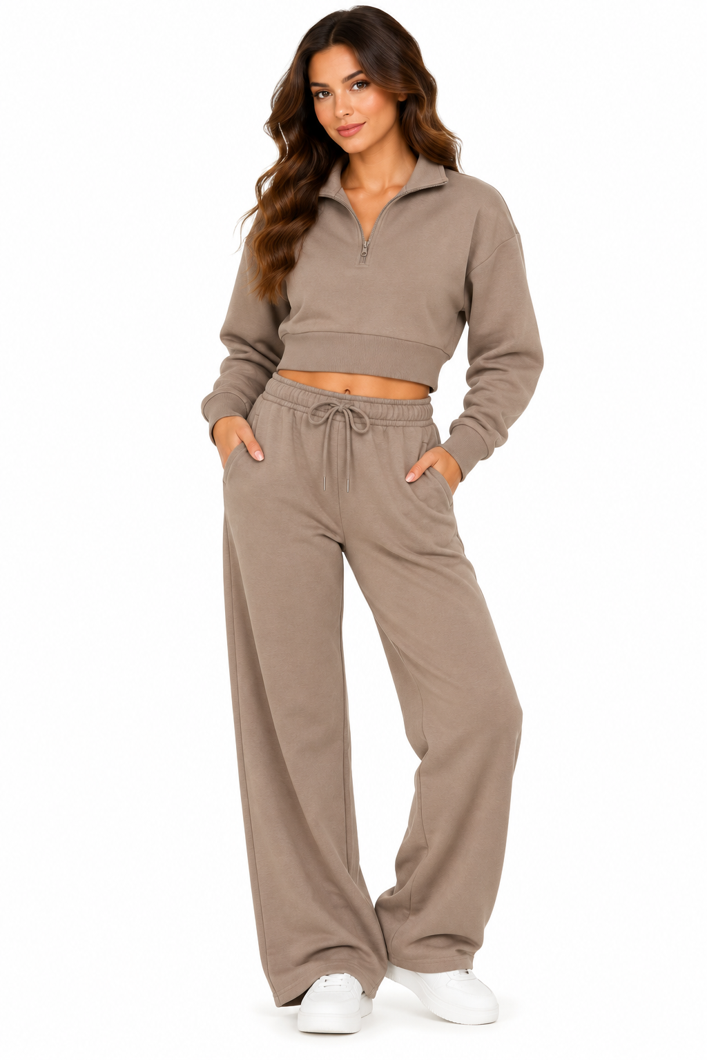 Fleece lined crop 1/4 zipper sweatshirt with pants sweat set