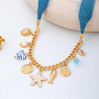Sea Life Multi Charm- Boho Coastal Denim Necklace | 80N93111
