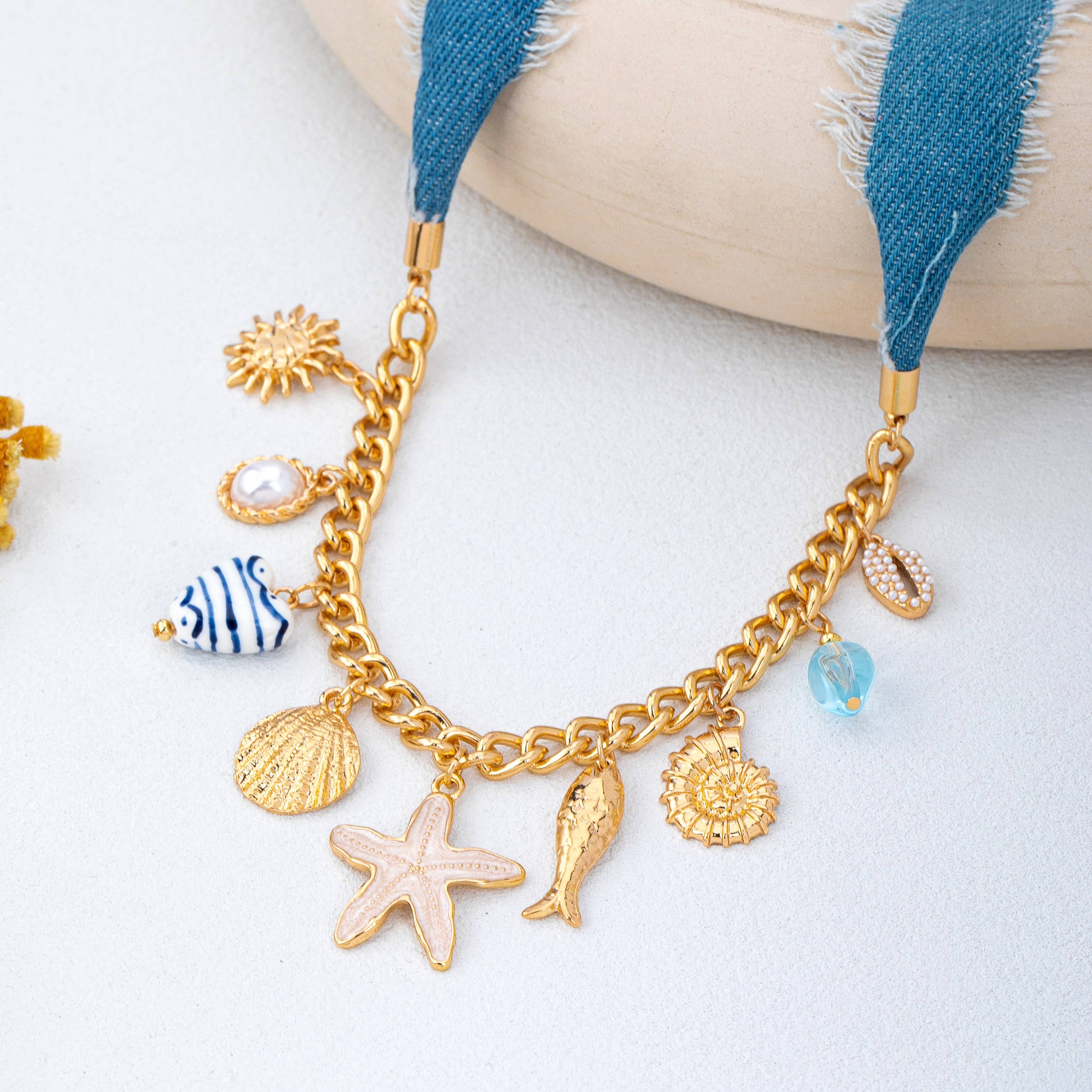 Sea Life Multi Charm- Boho Coastal Denim Necklace | 80N93111