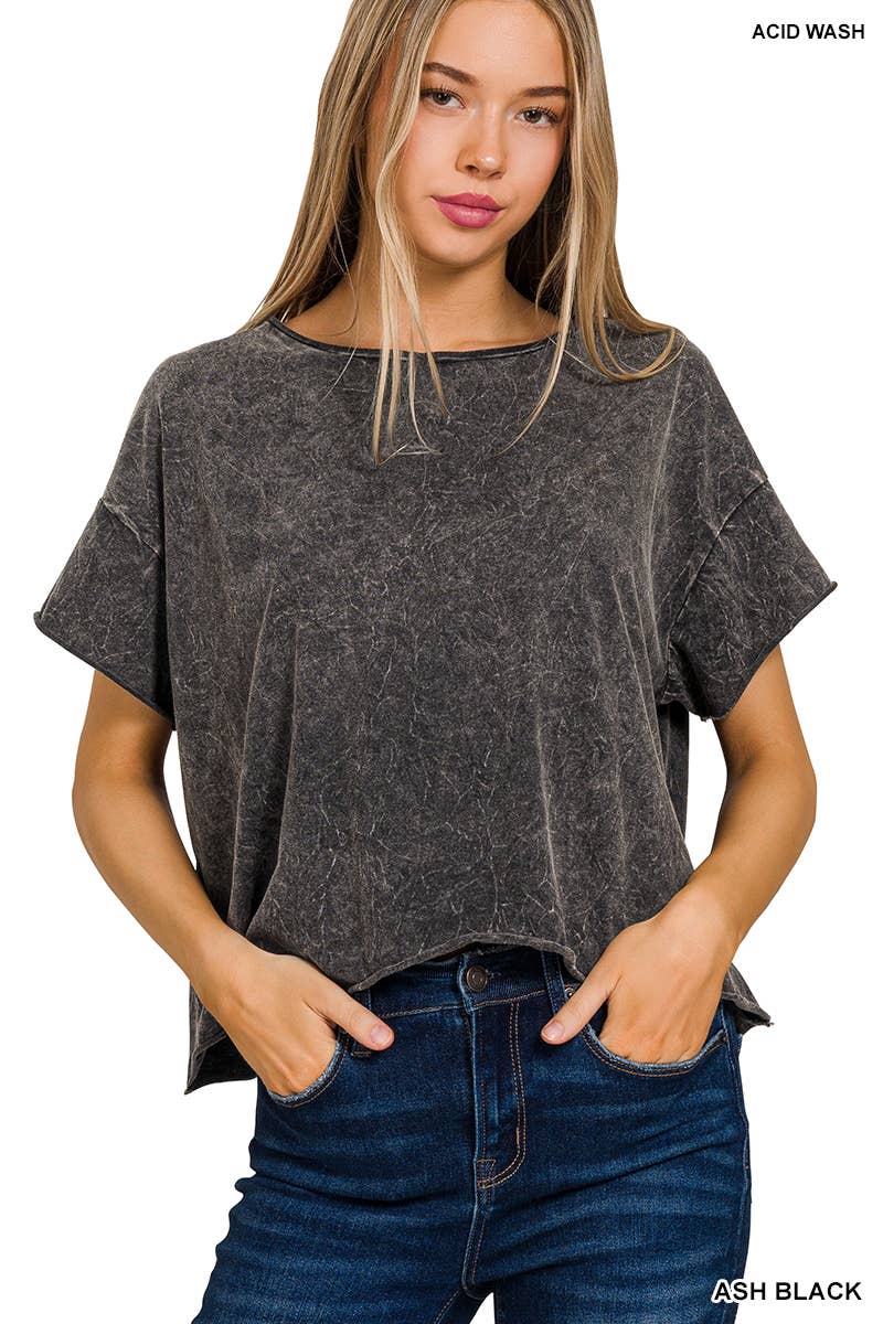 Crinkle washed crew neck short sleeve crop box tee - Zenana