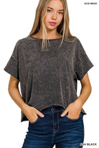 Crinkle washed crew neck short sleeve crop box tee - Zenana