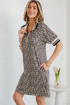PRETTY BASH Leopard Stripe Patchwork Zip Collar Mini Dress