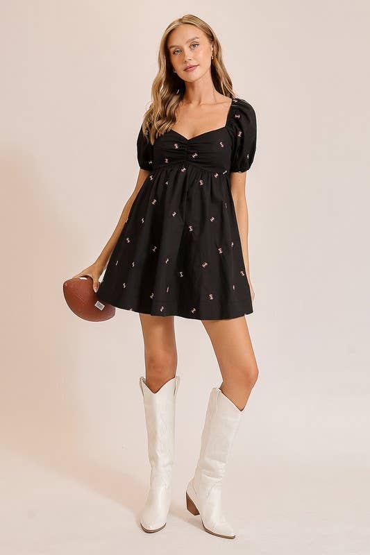 Football Embroidered Game Day Puff Sleeve Dress