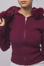Faux-fur Trim Hooded Zip-up Sweater