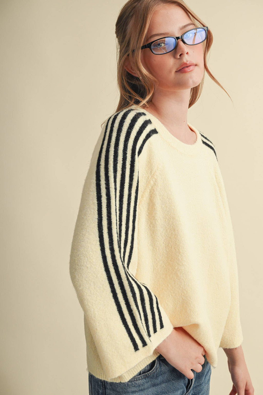 STRIPED 3/4 SLEEVE SWEATER MSW11585