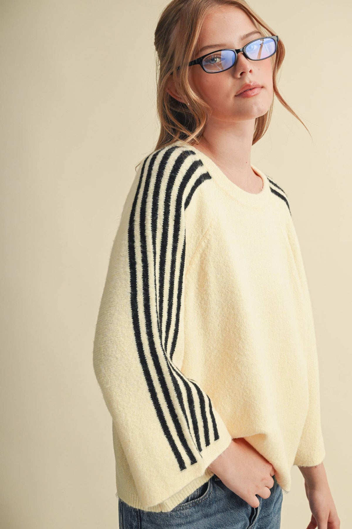 STRIPED 3/4 SLEEVE SWEATER MSW11585