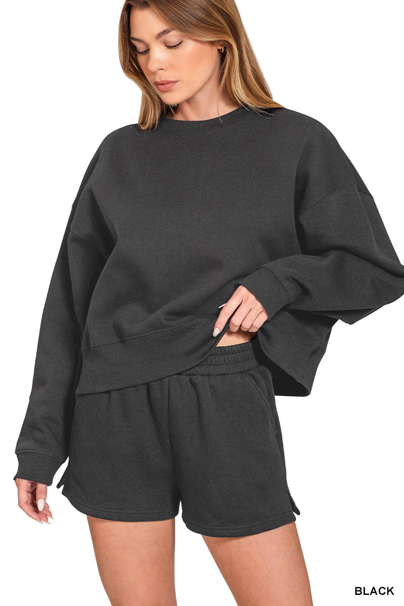 Fleece Round Neck Pullover And Shorts Set