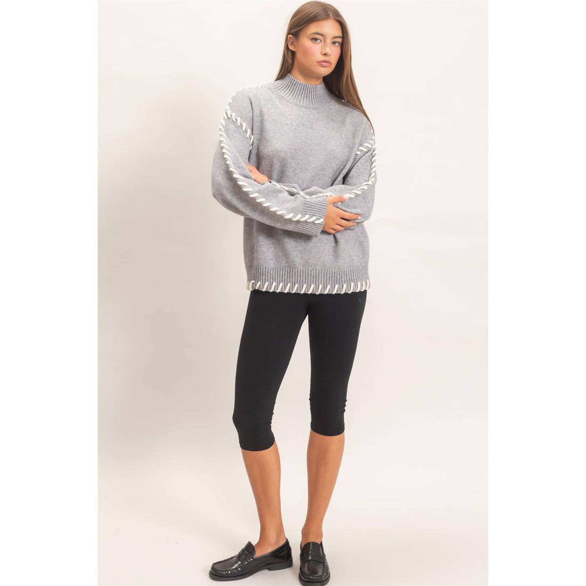 Blanket Stitch High Neck Sweater