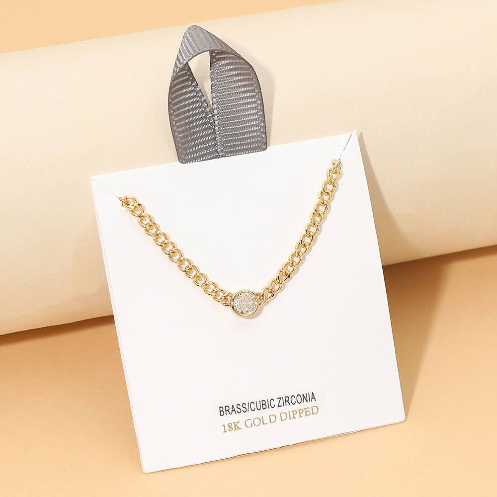 18K Gold Dipped Round CZ Solitaire Accent Chain Necklace