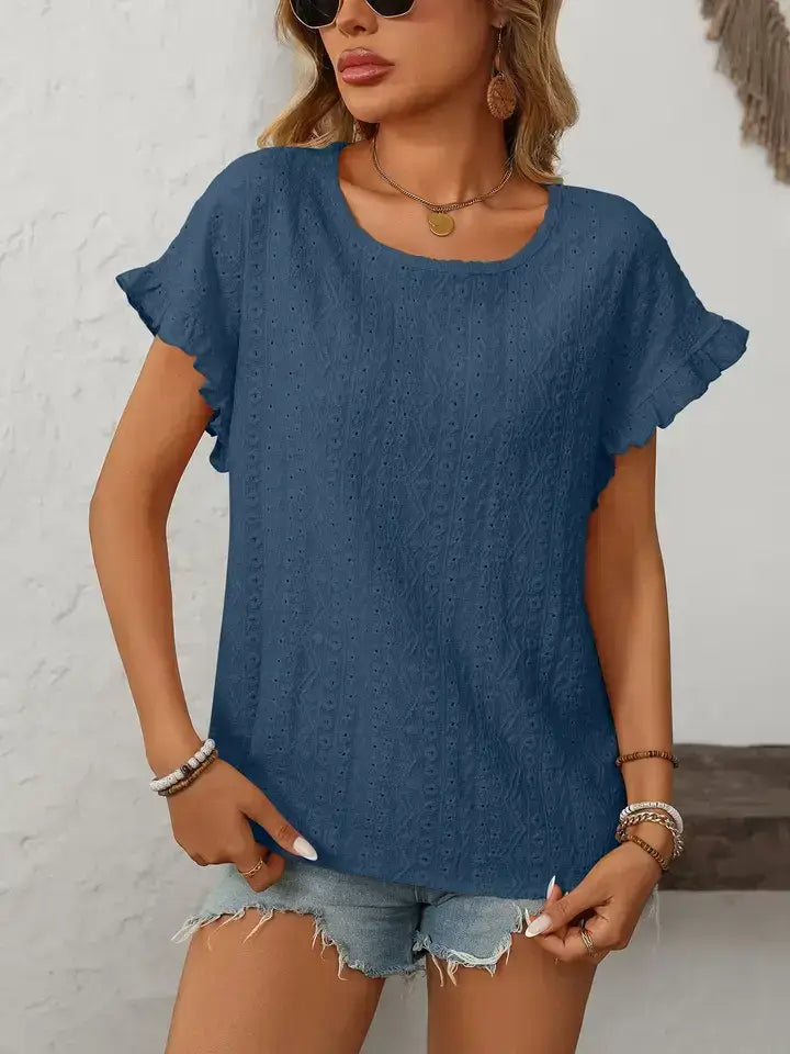 Pink Hollow-Out Crewneck Short Sleeve Summer Top
