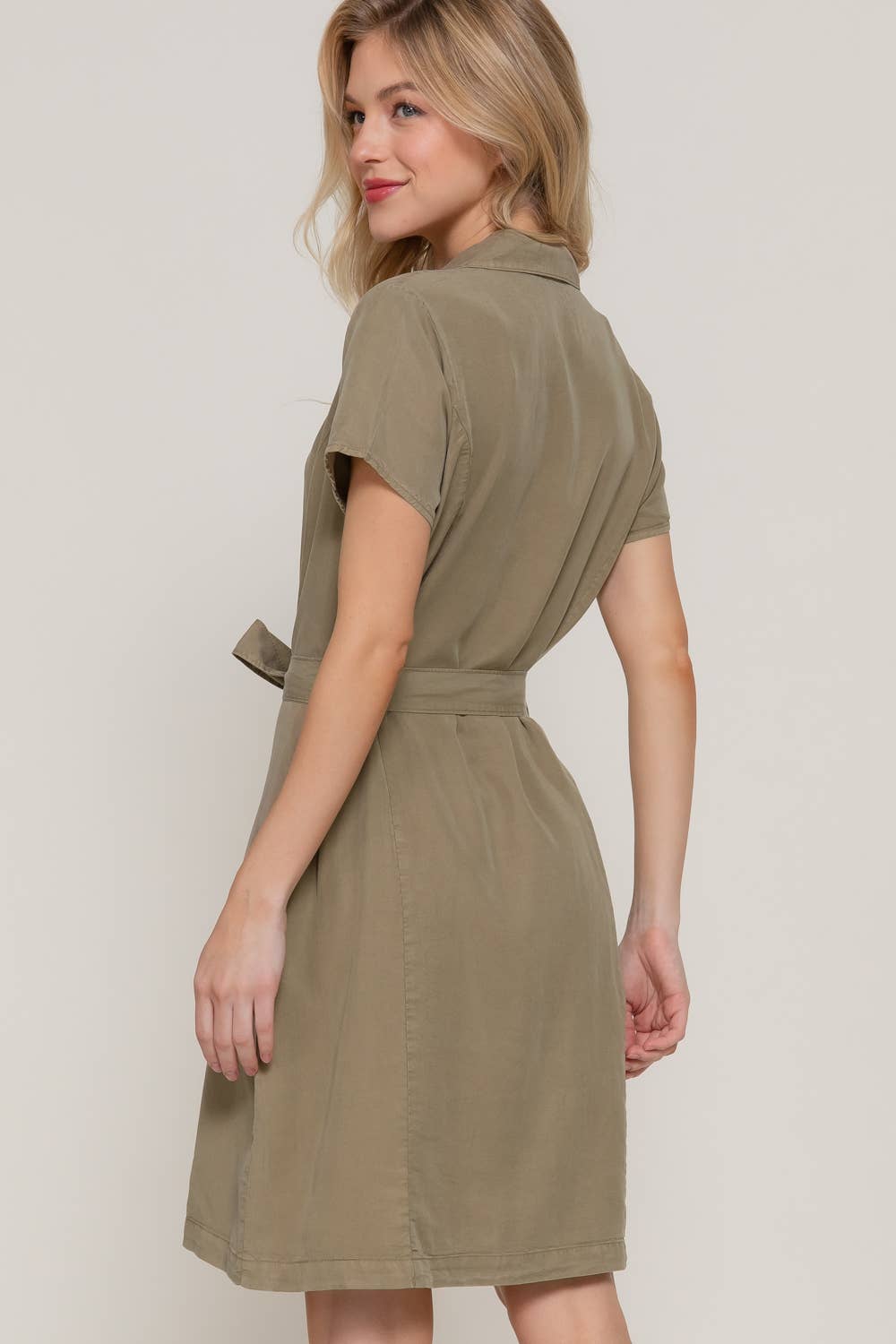 0420 Belted Tencel Shirt Mini Dress w/ Side Pockets SI-26238