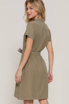 0420 Belted Tencel Shirt Mini Dress w/ Side Pockets SI-26238