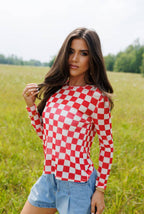 Fest Red Checkerboard Mesh Top