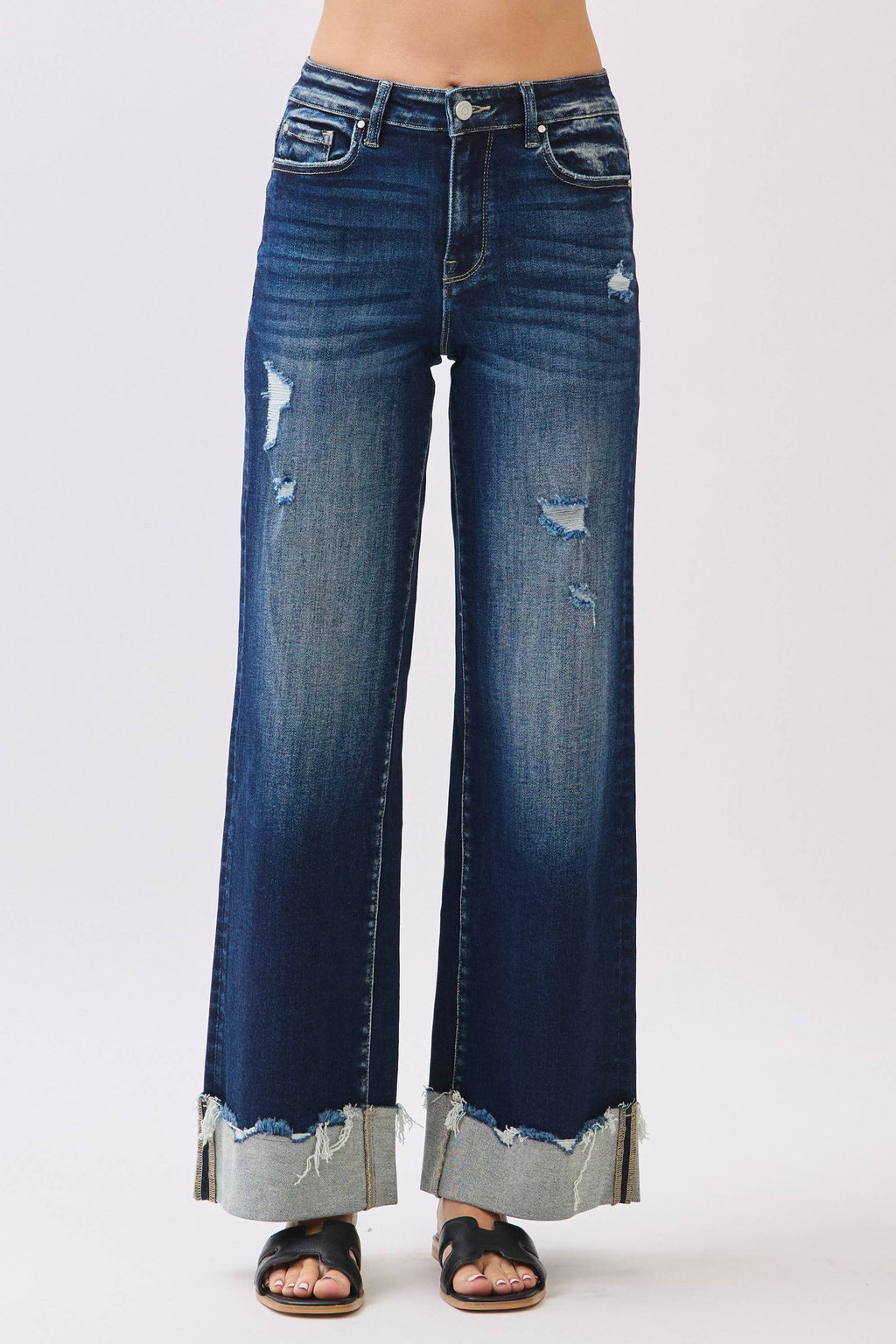 P1554W-DK HIGH RISE STRETCH WIDE LEG W/ CUFFED HEM JEANS