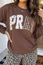 LAS Western PRAY Plaid Letter Patchwork Sweatshirt (S-XL)