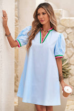 LDC Contrast Striped Detail Notched Neck Puff Sleeve Dress