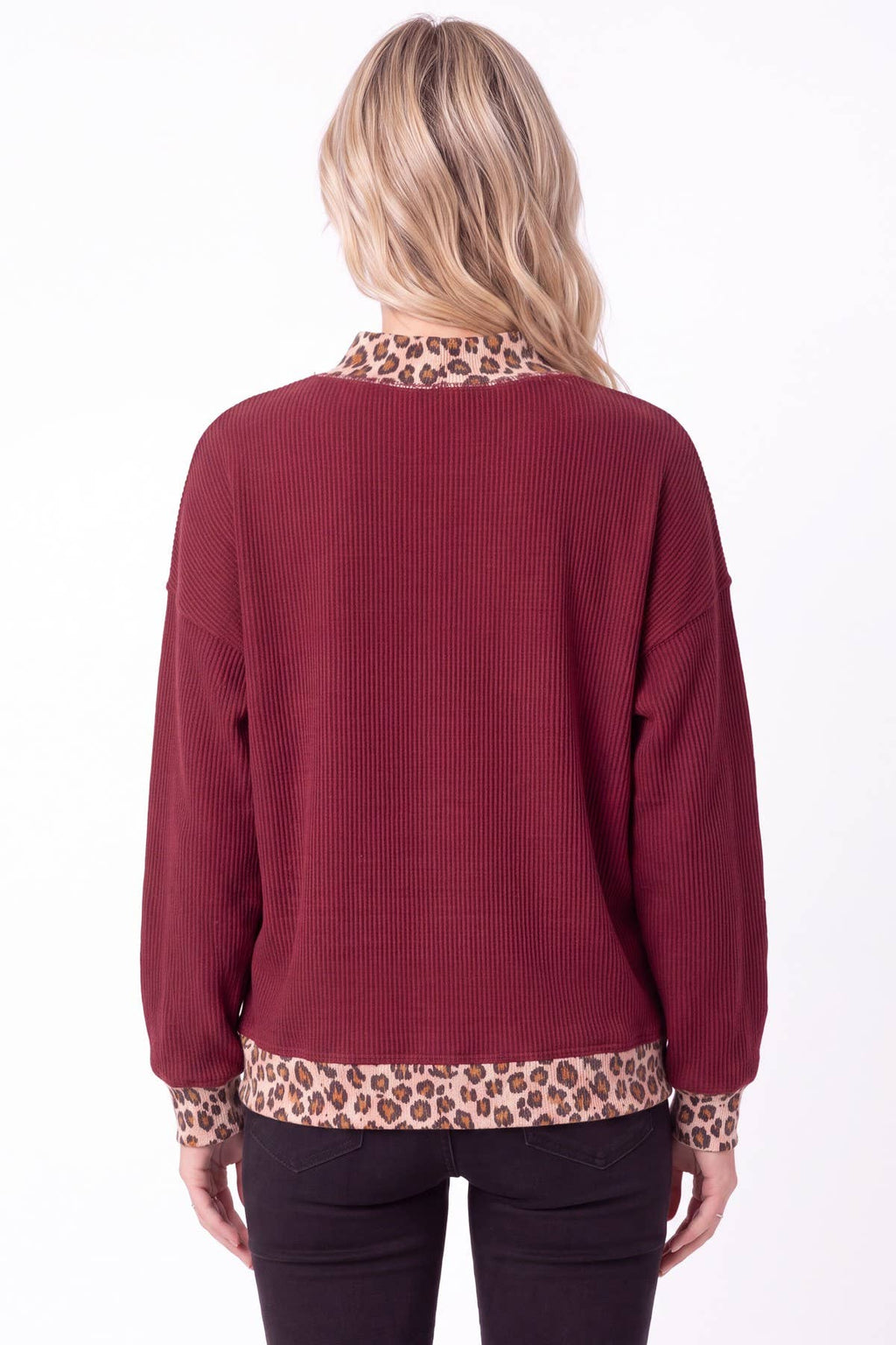 Rib Knit Leopard Contrast Pullover