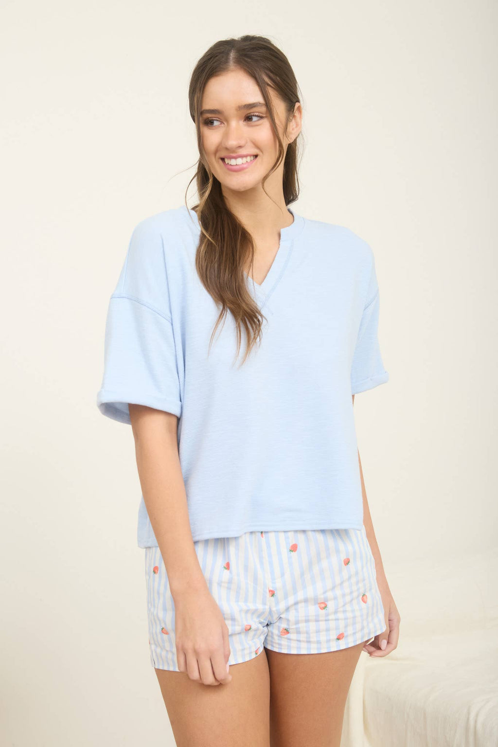 CONTRAST STITCH DROP SHOULDER CUFF SLEEVE KNIT TOP