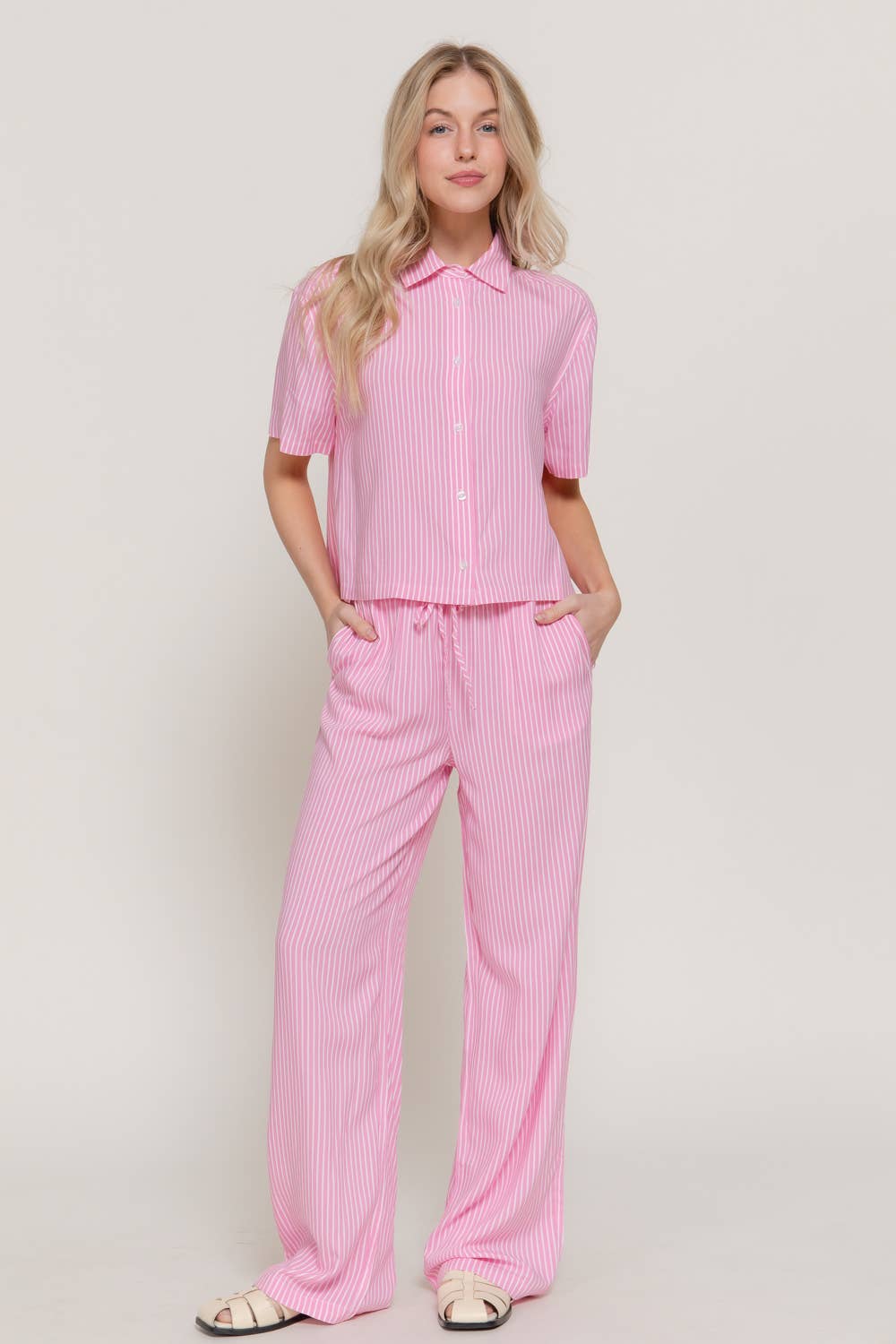 Waist Band with String Stripe Print Woven Pants